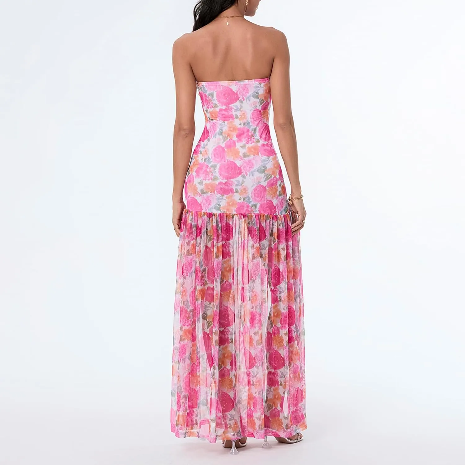 Aonoapll Women Tube Top Maxi Dress Fitted Strapless Mesh Patchwork Long Dress Printed High Slit Night Dresses Clubwear