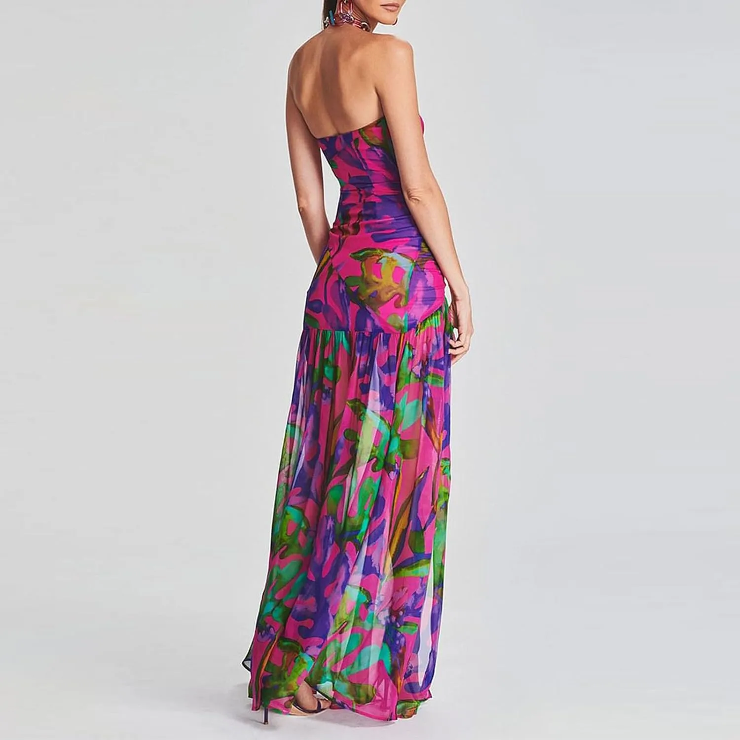 Aonoapll Women Tube Top Maxi Dress Fitted Strapless Mesh Patchwork Long Dress Printed High Slit Night Dresses Clubwear