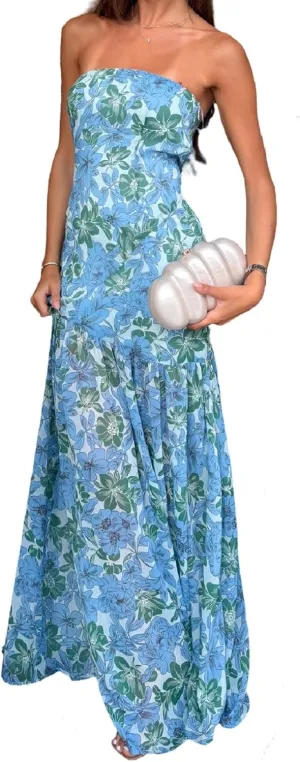 Aonoapll Women Tube Top Maxi Dress Fitted Strapless Mesh Patchwork Long Dress Printed High Slit Night Dresses Clubwear