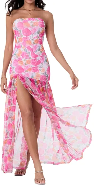 Aonoapll Women Tube Top Maxi Dress Fitted Strapless Mesh Patchwork Long Dress Printed High Slit Night Dresses Clubwear