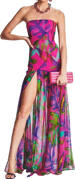 Aonoapll Women Tube Top Maxi Dress Fitted Strapless Mesh Patchwork Long Dress Printed High Slit Night Dresses Clubwear