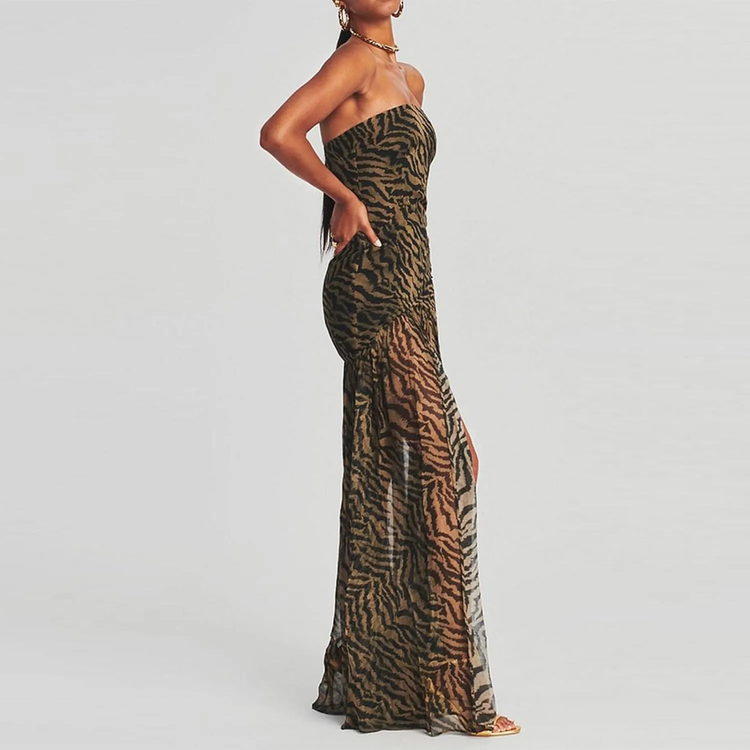 Aonoapll Women Tube Top Maxi Dress Fitted Strapless Mesh Patchwork Long Dress Printed High Slit Night Dresses Clubwear
