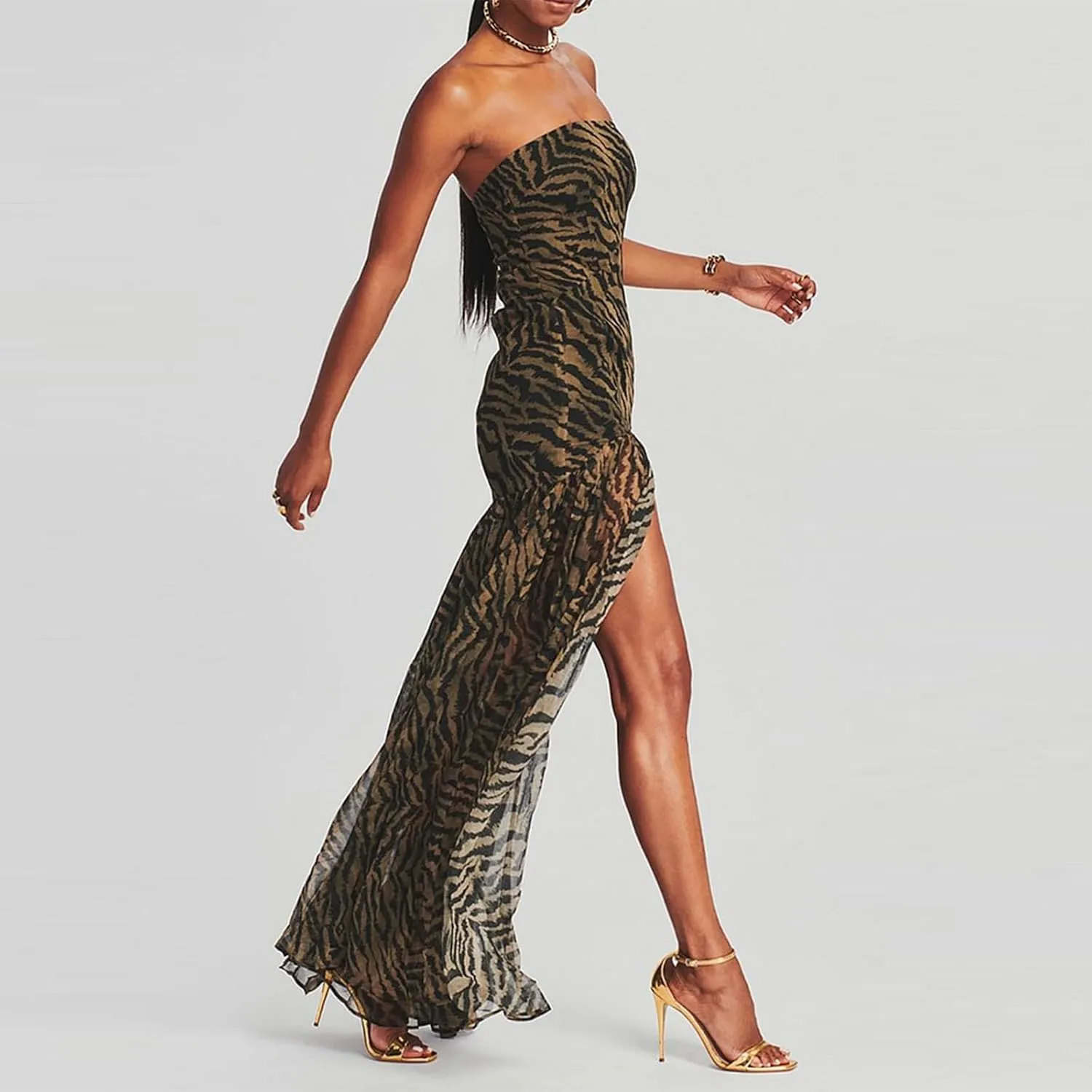 Aonoapll Women Tube Top Maxi Dress Fitted Strapless Mesh Patchwork Long Dress Printed High Slit Night Dresses Clubwear
