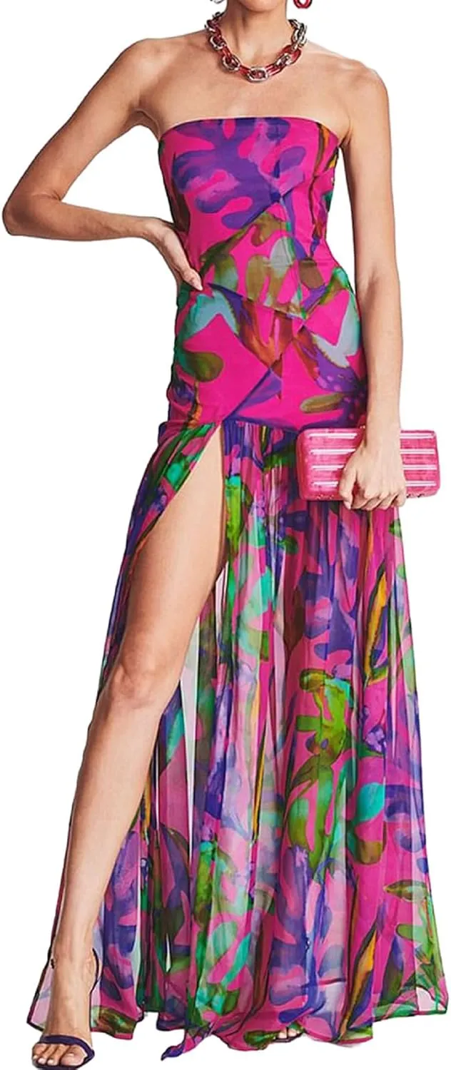 Aonoapll Women Tube Top Maxi Dress Fitted Strapless Mesh Patchwork Long Dress Printed High Slit Night Dresses Clubwear