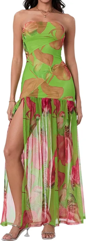 Aonoapll Women Tube Top Maxi Dress Fitted Strapless Mesh Patchwork Long Dress Printed High Slit Night Dresses Clubwear