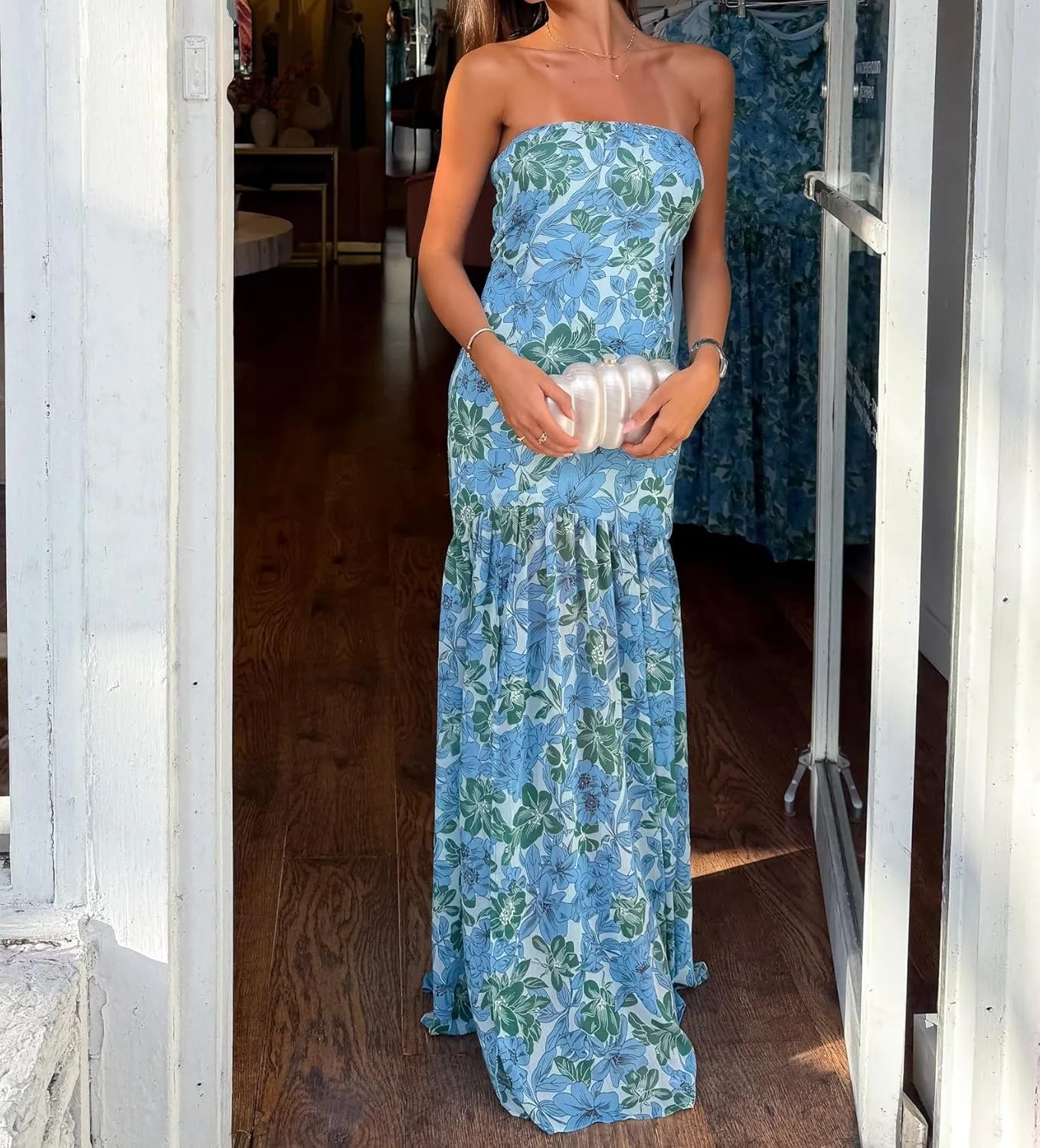 Aonoapll Women Tube Top Maxi Dress Fitted Strapless Mesh Patchwork Long Dress Printed High Slit Night Dresses Clubwear