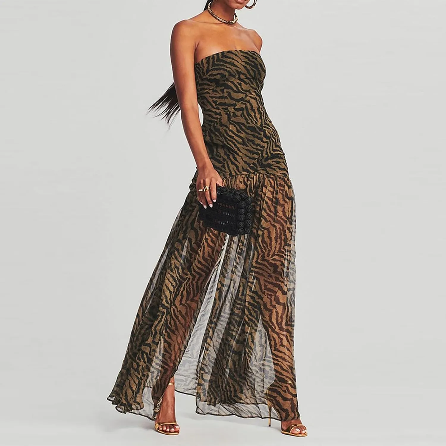 Aonoapll Women Tube Top Maxi Dress Fitted Strapless Mesh Patchwork Long Dress Printed High Slit Night Dresses Clubwear