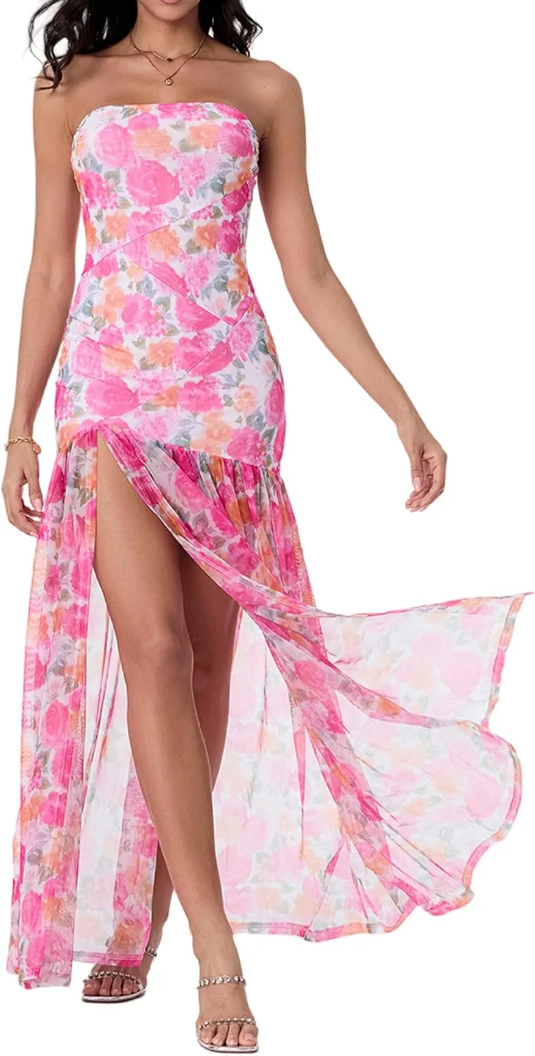 Aonoapll Women Tube Top Maxi Dress Fitted Strapless Mesh Patchwork Long Dress Printed High Slit Night Dresses Clubwear