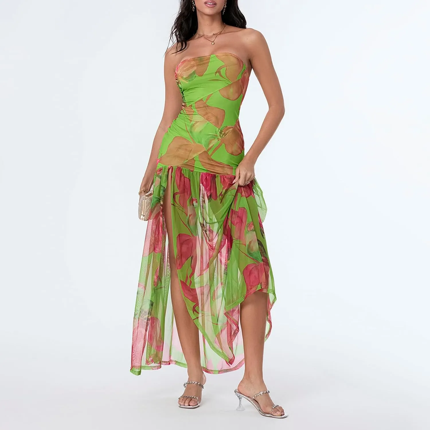 Aonoapll Women Tube Top Maxi Dress Fitted Strapless Mesh Patchwork Long Dress Printed High Slit Night Dresses Clubwear