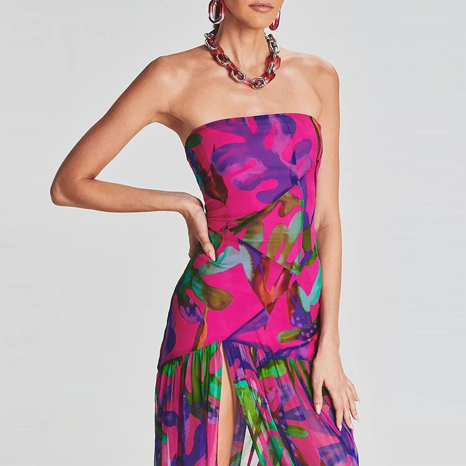 Aonoapll Women Tube Top Maxi Dress Fitted Strapless Mesh Patchwork Long Dress Printed High Slit Night Dresses Clubwear