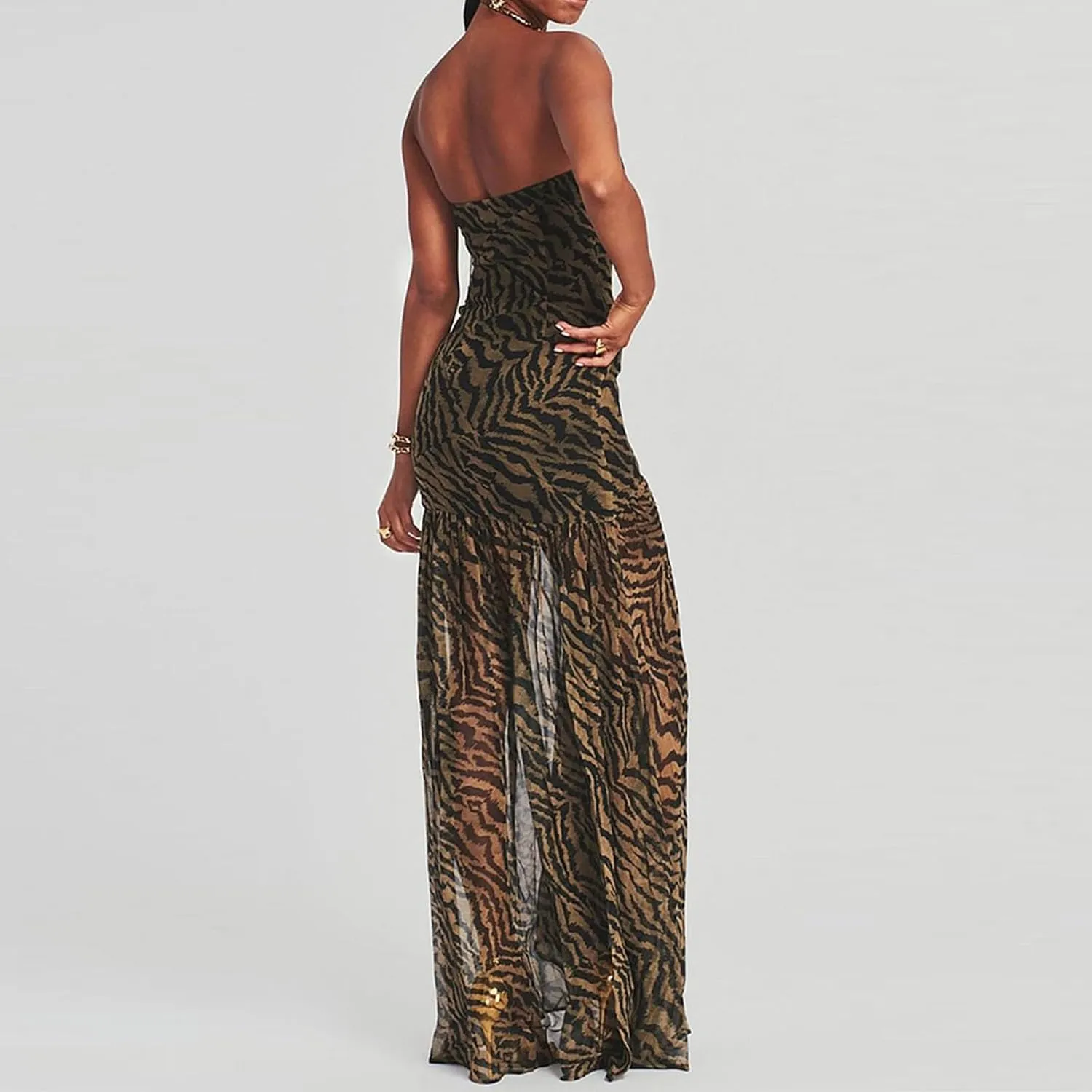 Aonoapll Women Tube Top Maxi Dress Fitted Strapless Mesh Patchwork Long Dress Printed High Slit Night Dresses Clubwear