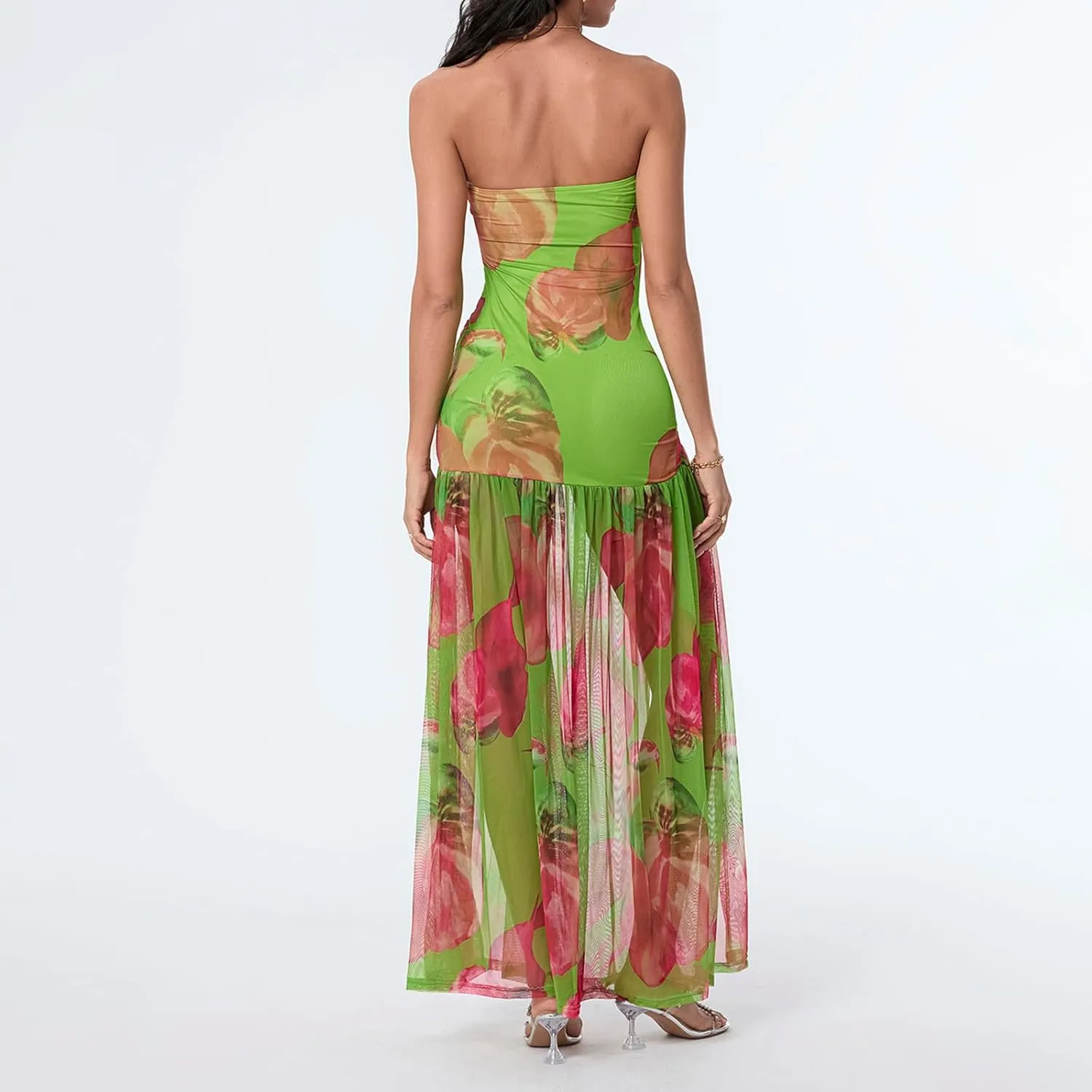Aonoapll Women Tube Top Maxi Dress Fitted Strapless Mesh Patchwork Long Dress Printed High Slit Night Dresses Clubwear