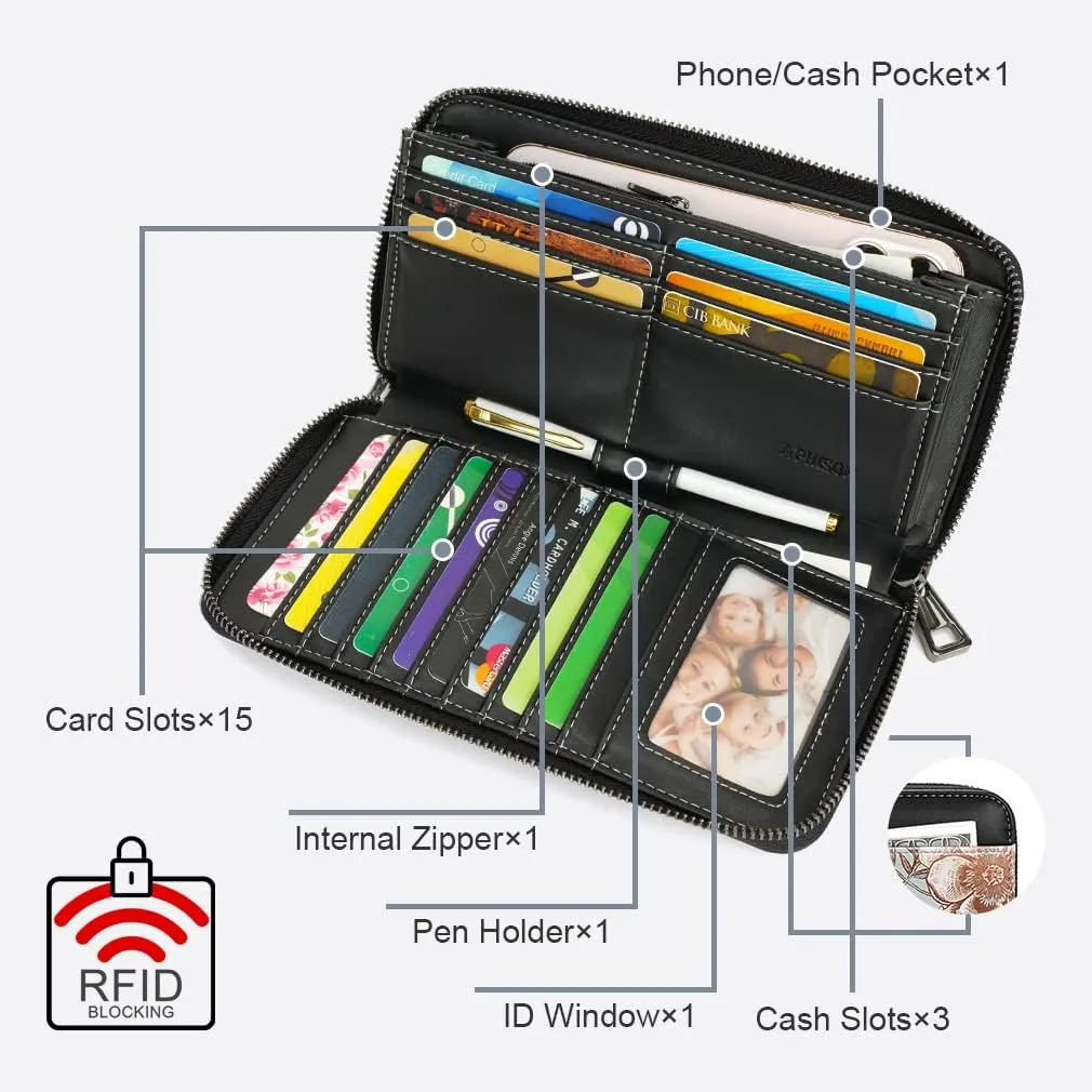 APHISON Wallet Women Large Capacity Clutch Purse For Ladies Card Holder RFID Wristlet Phone Zipper Coin Travel Pocket