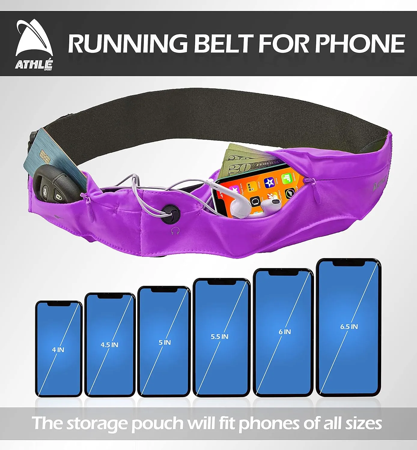 Athlé Running Belt for Exercise and Travel - Two Stretch Pockets Fit Most Phones, Wallet, Cards and More - Key Clip, Earphone Jack, Adjustable Waist Strap