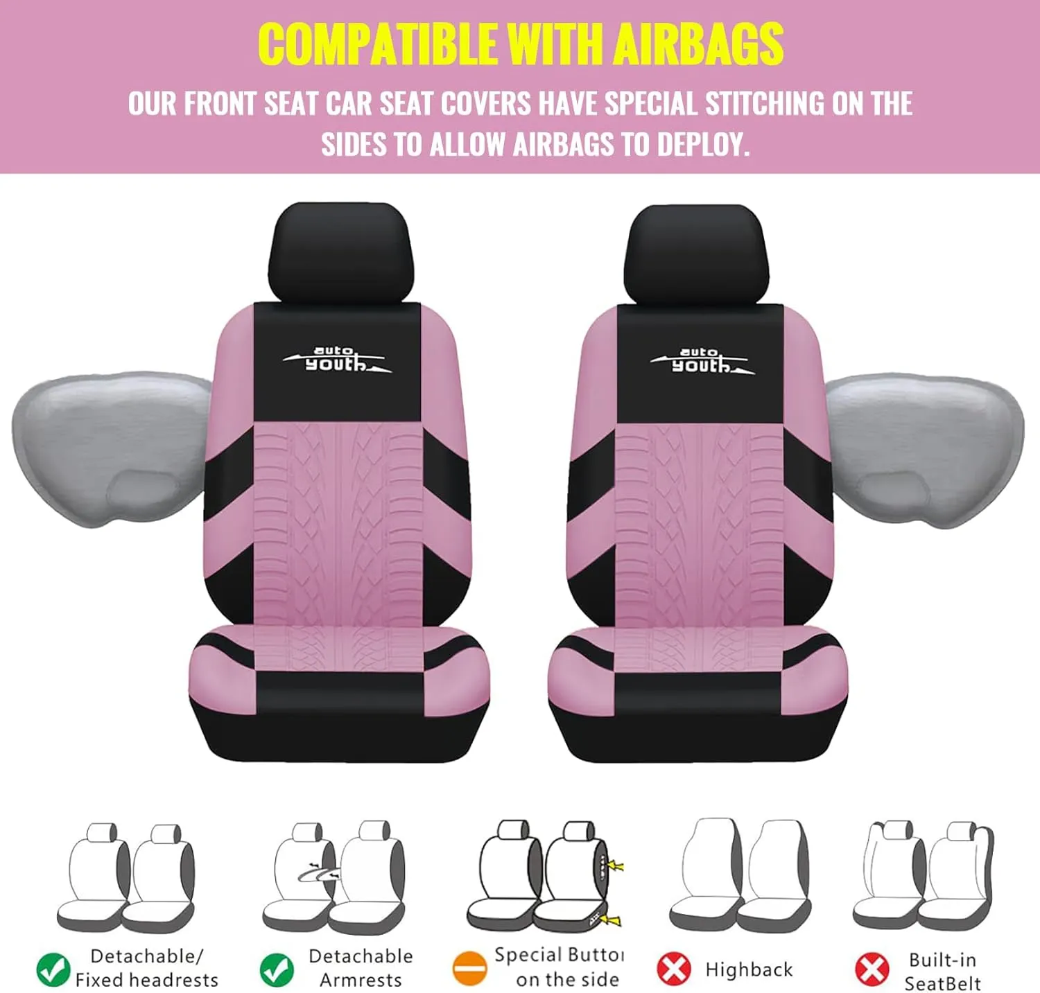 AUTOYOUTH Car Seat Covers for Front Seats, Breathable and Washable Bucket Seat Covers for Cars, Truck, SUV, Vans Airbag Compatible Automotive Interior Covers, Pink…