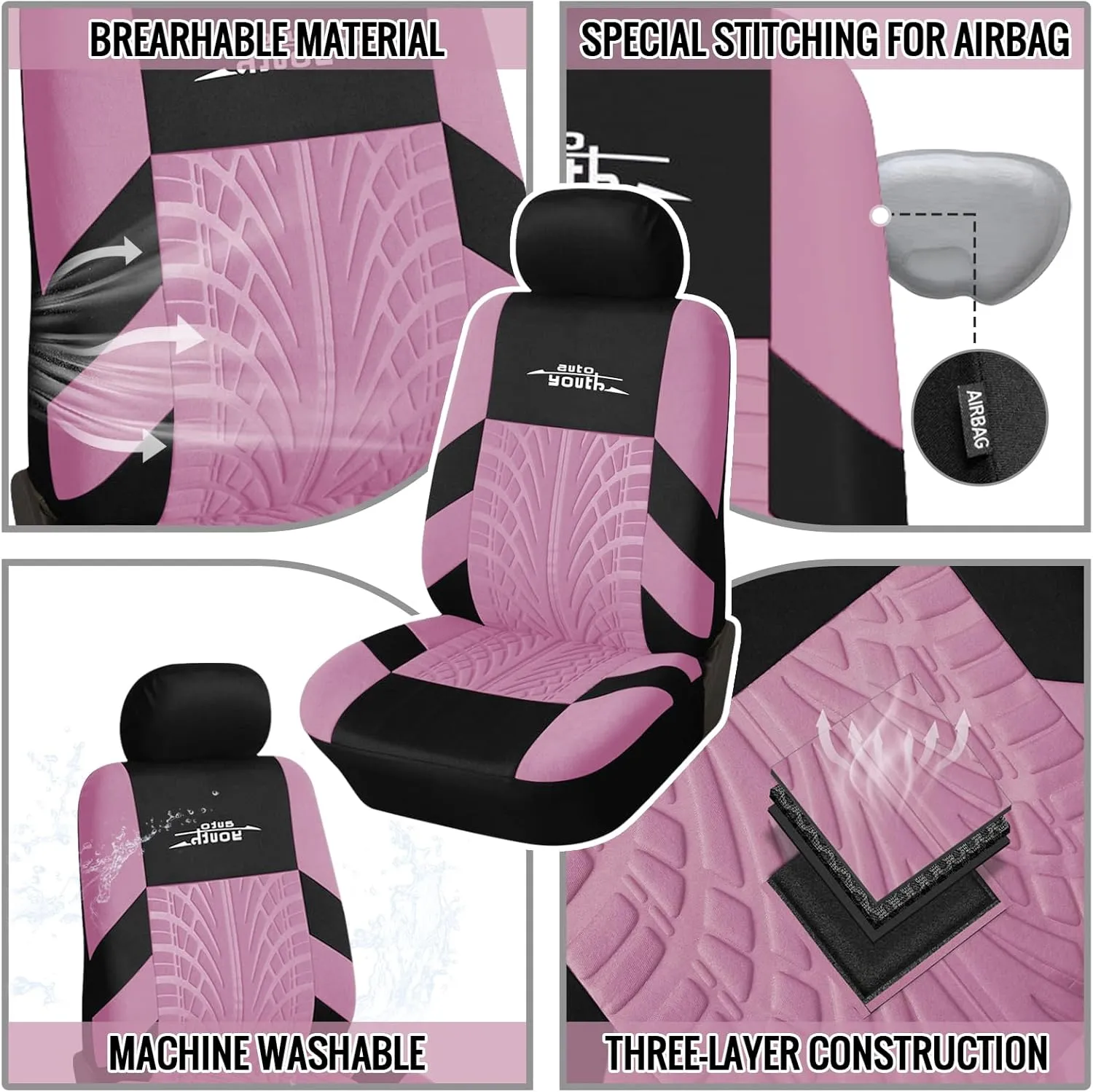 AUTOYOUTH Car Seat Covers for Front Seats, Breathable and Washable Bucket Seat Covers for Cars, Truck, SUV, Vans Airbag Compatible Automotive Interior Covers, Pink…
