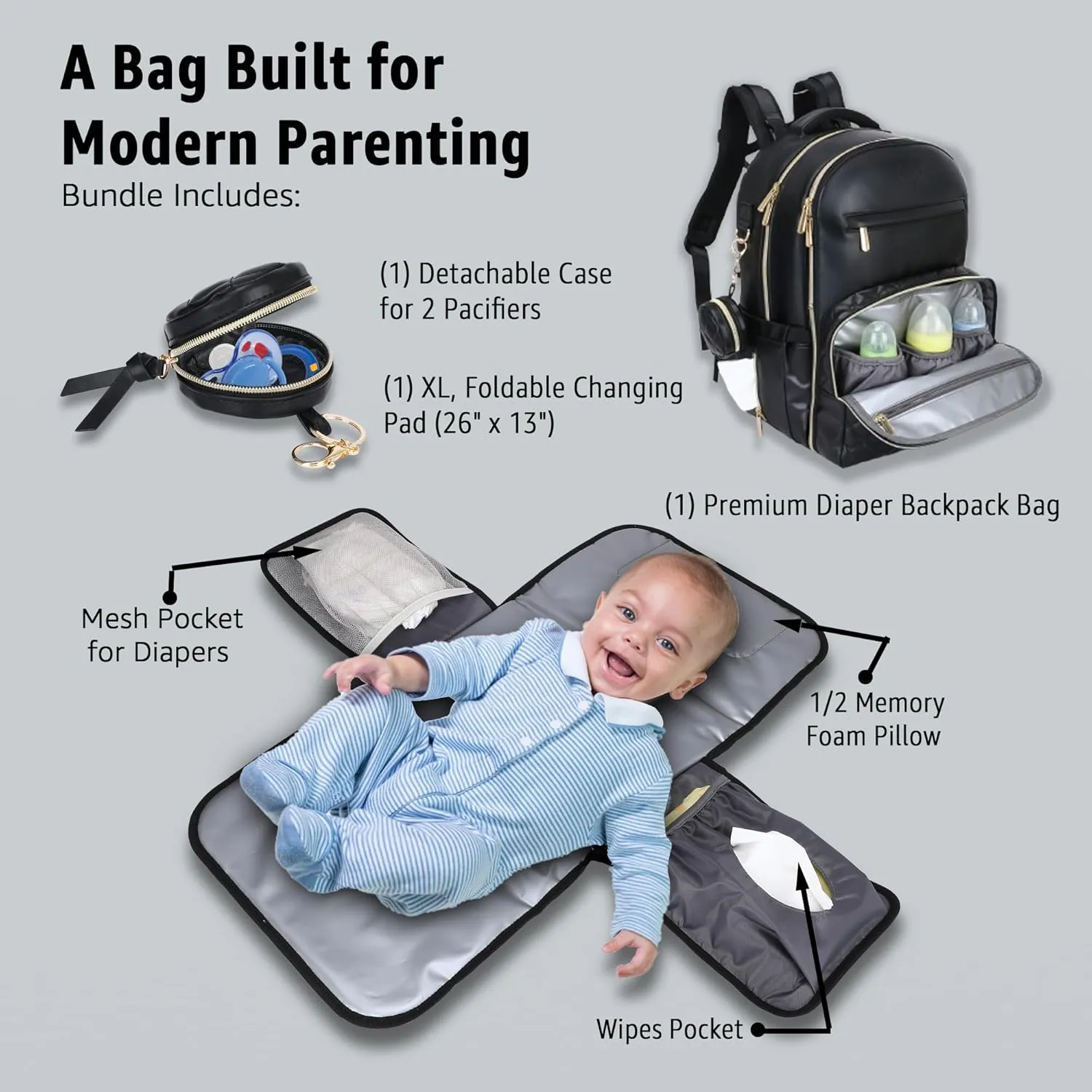 Award-Winning 3 in 1 Faux Leather Diaper Bag Backpack – Stylish Unisex 31L Design, 21 Pockets, USB Port, Changing Pad, Pacifier Case, Stroller Straps & Waterproof PU Leather Diaper Bag
