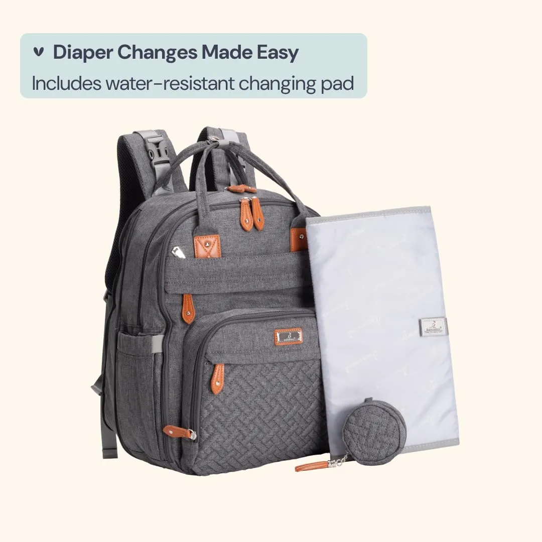 BabbleRoo Extra Large Diaper Bag Backpack, Expandable Baby Bag with Up to 50% More Capacity - Travel Essentials Baby Bag Tote with Changing Pad, Stroller Straps & Pacifier Case - Unisex, Dark Gray