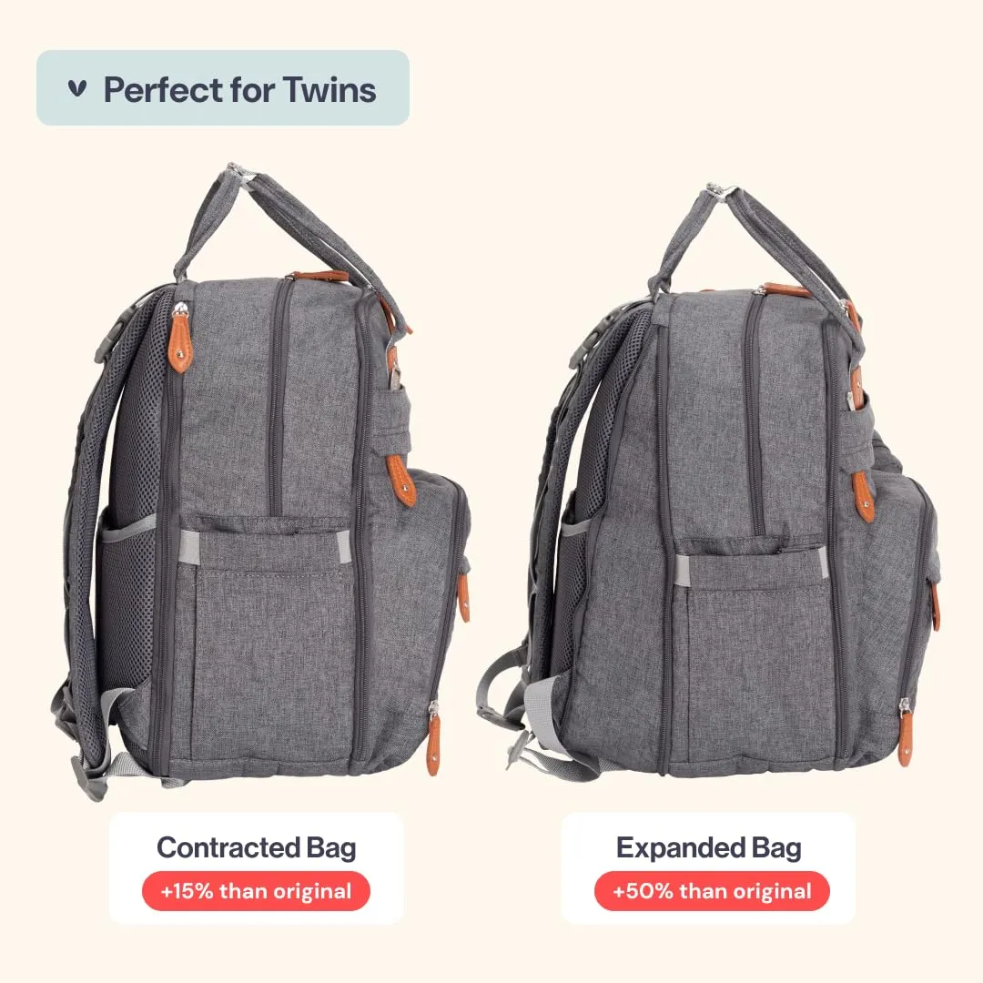 BabbleRoo Extra Large Diaper Bag Backpack, Expandable Baby Bag with Up to 50% More Capacity - Travel Essentials Baby Bag Tote with Changing Pad, Stroller Straps & Pacifier Case - Unisex, Dark Gray