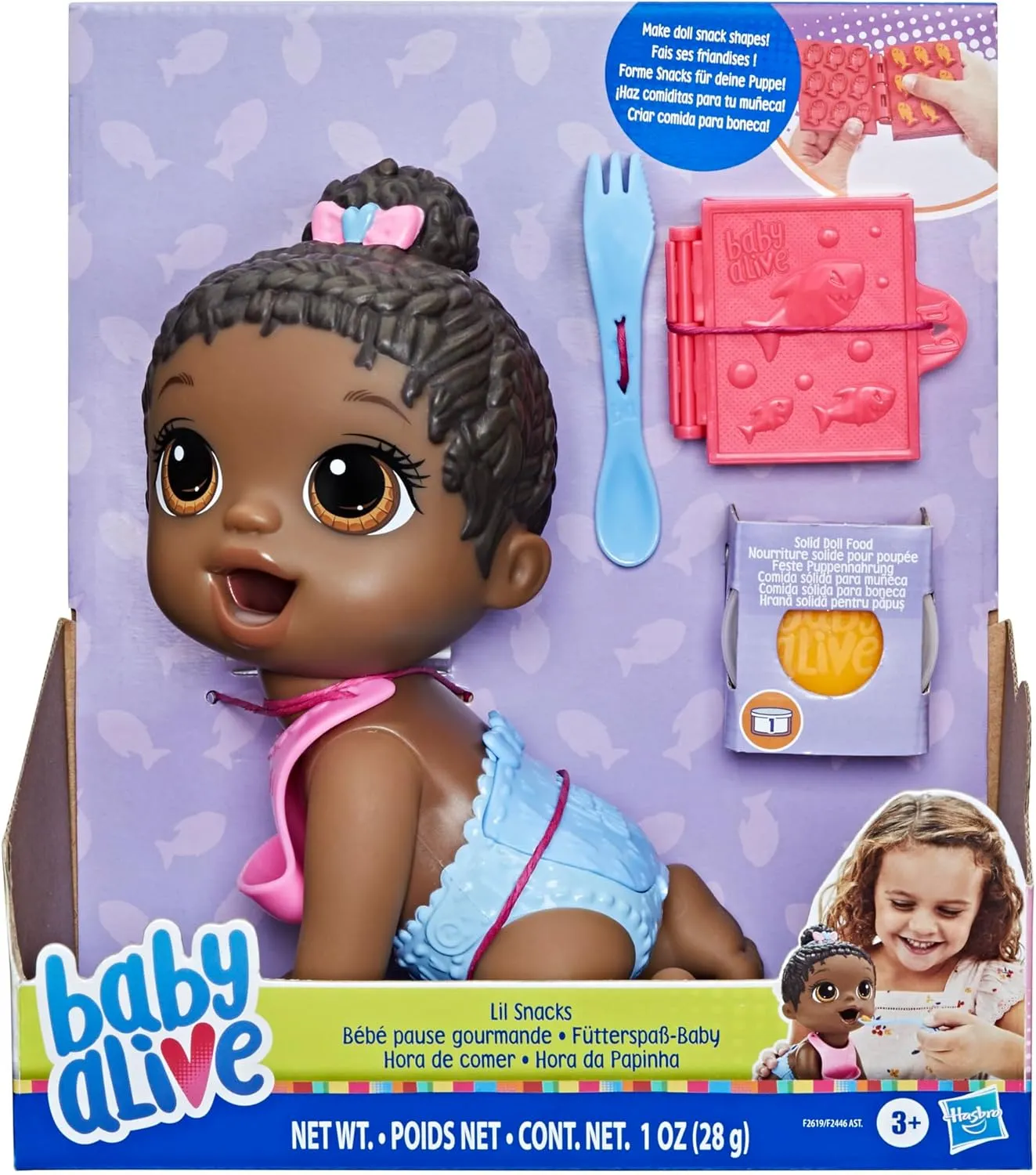 Baby Alive Lil Snacks Doll, Eats and Poops, Snack-Themed 8-Inch Baby Doll, Snack Box Mold, Toy for Kids Ages 3 and Up, Black Hair