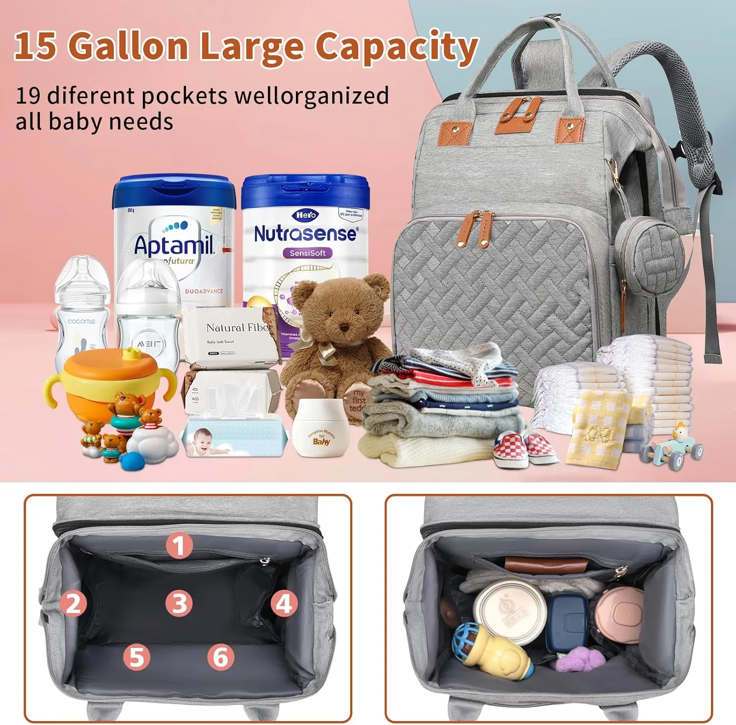 Baby Diaper Bags with Changing Station, Multifunctional Diaper Bag Backpack for Moms Dads with USB Charging Port, Waterproof Travel Diaper, Baby Shower Gifts for Baby Boy & Girls (Gray)