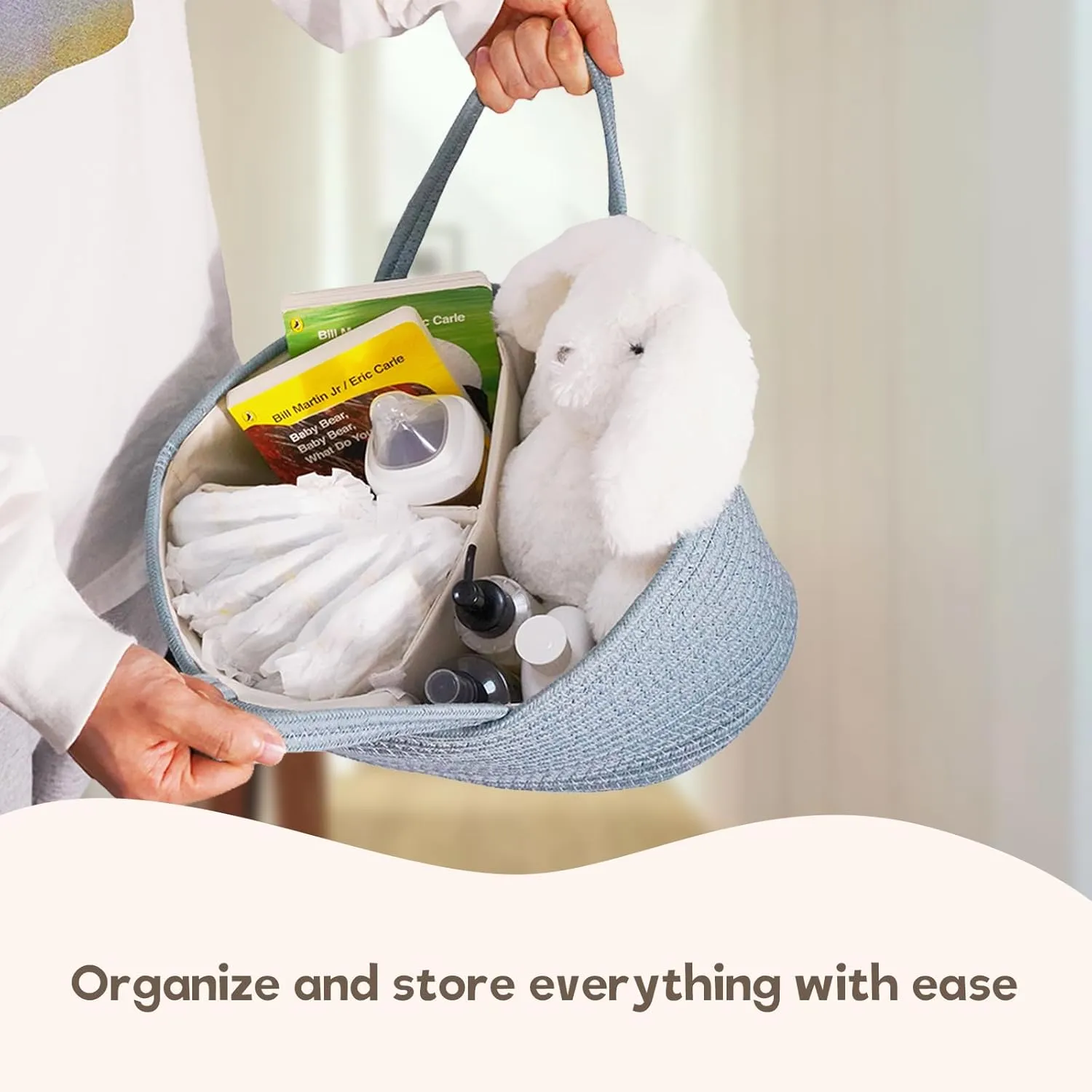 Baby Diaper Caddy Organizer, Large Cotton Rope Nursery Diaper Basket, Changing Table Organizer, Portable Tote Bag with Divider, Car Storage, Baby Shower Gifts for Newborn Girls - Lake Blue