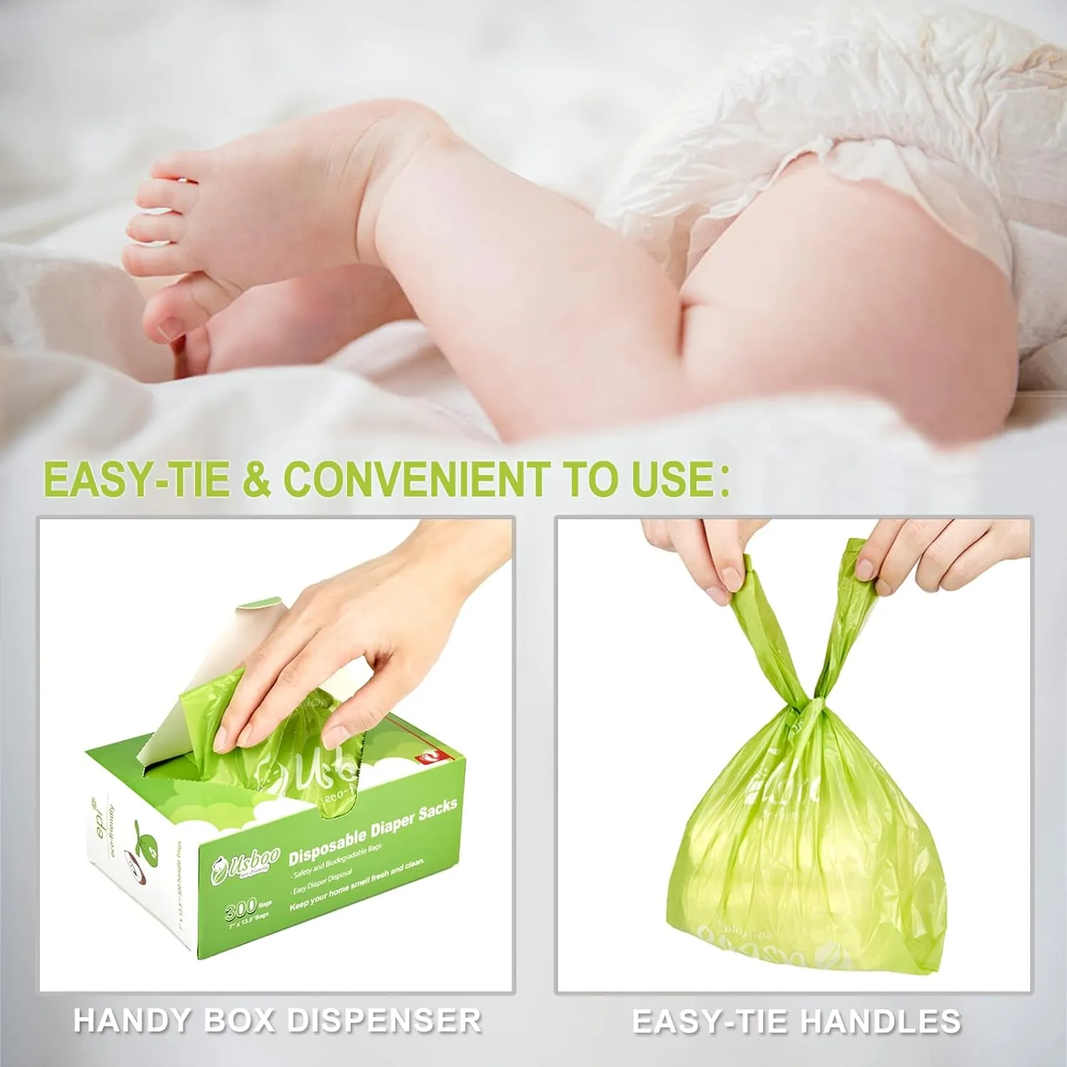 Baby Disposable Diaper Bags,300 Count Oxo-Biodegradable Diaper Sacks,Easy-Tie Handles,Diaper Disposal or Pet Waste Bags, Unscented