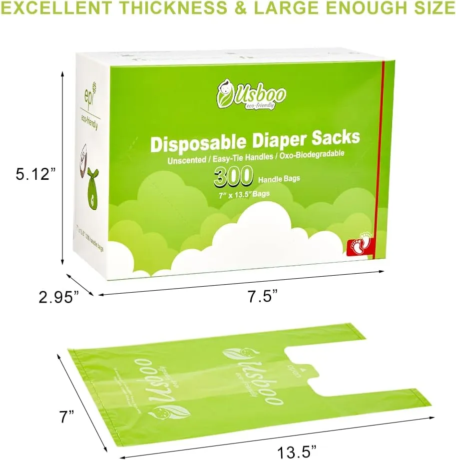 Baby Disposable Diaper Bags,300 Count Oxo-Biodegradable Diaper Sacks,Easy-Tie Handles,Diaper Disposal or Pet Waste Bags, Unscented