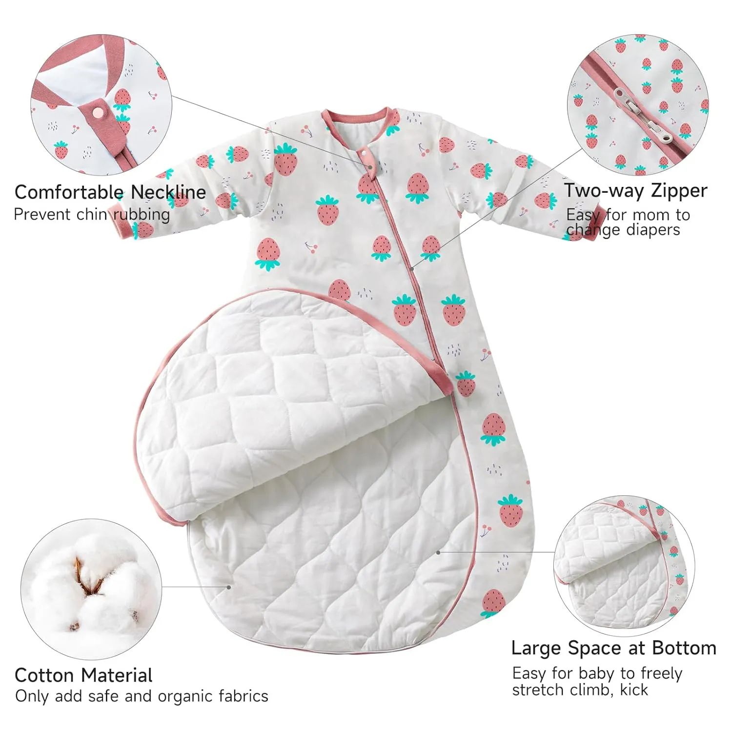 Baby Sleep Sack 12-24 Months - 1.0 TOG Wearable Blanket with Removable Sleeves, Soft Breathable Infant Sleeping Bag for Toddler, Two-Way Zipper for Easy Diaper Change (Strawberry)