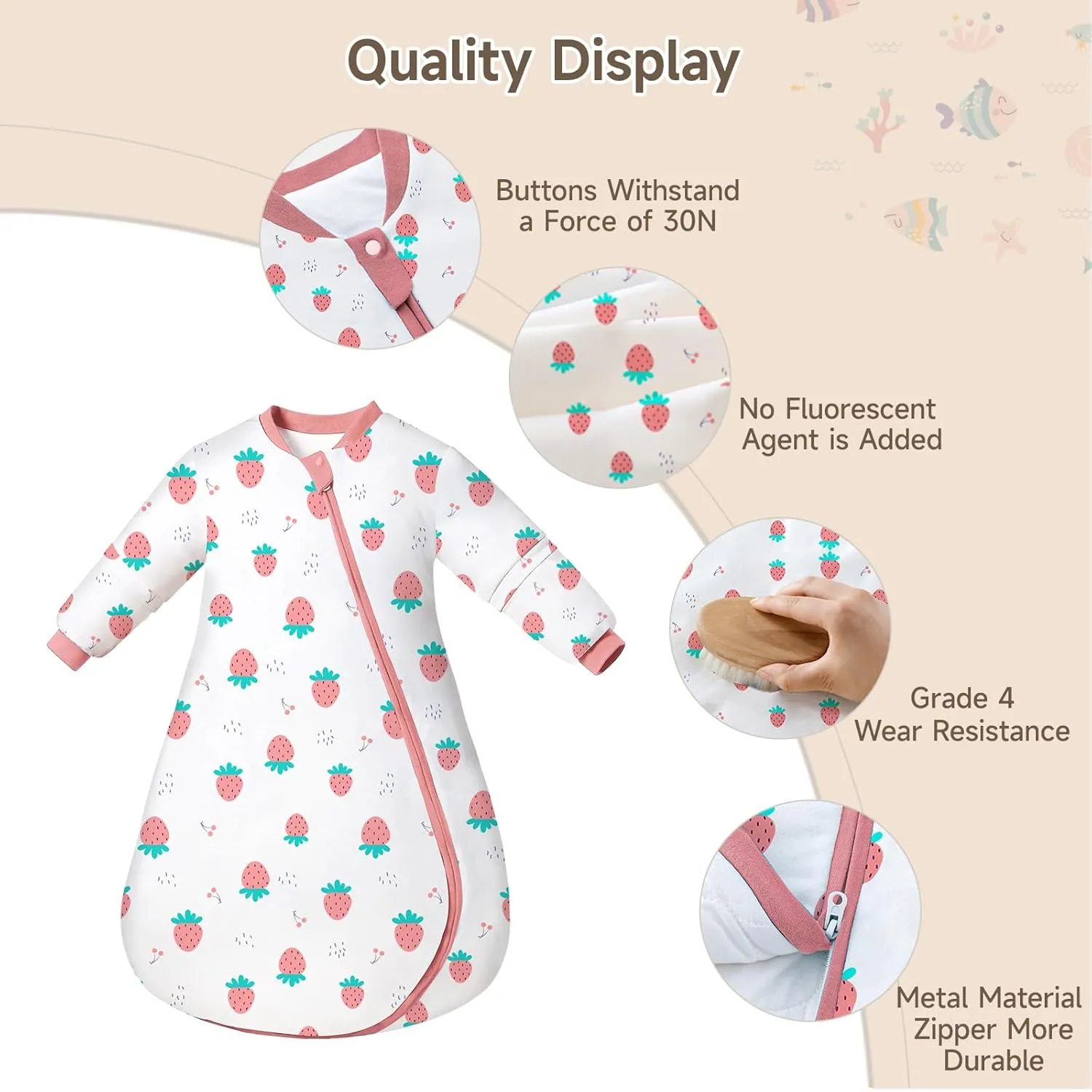 Baby Sleep Sack 12-24 Months - 1.0 TOG Wearable Blanket with Removable Sleeves, Soft Breathable Infant Sleeping Bag for Toddler, Two-Way Zipper for Easy Diaper Change (Strawberry)