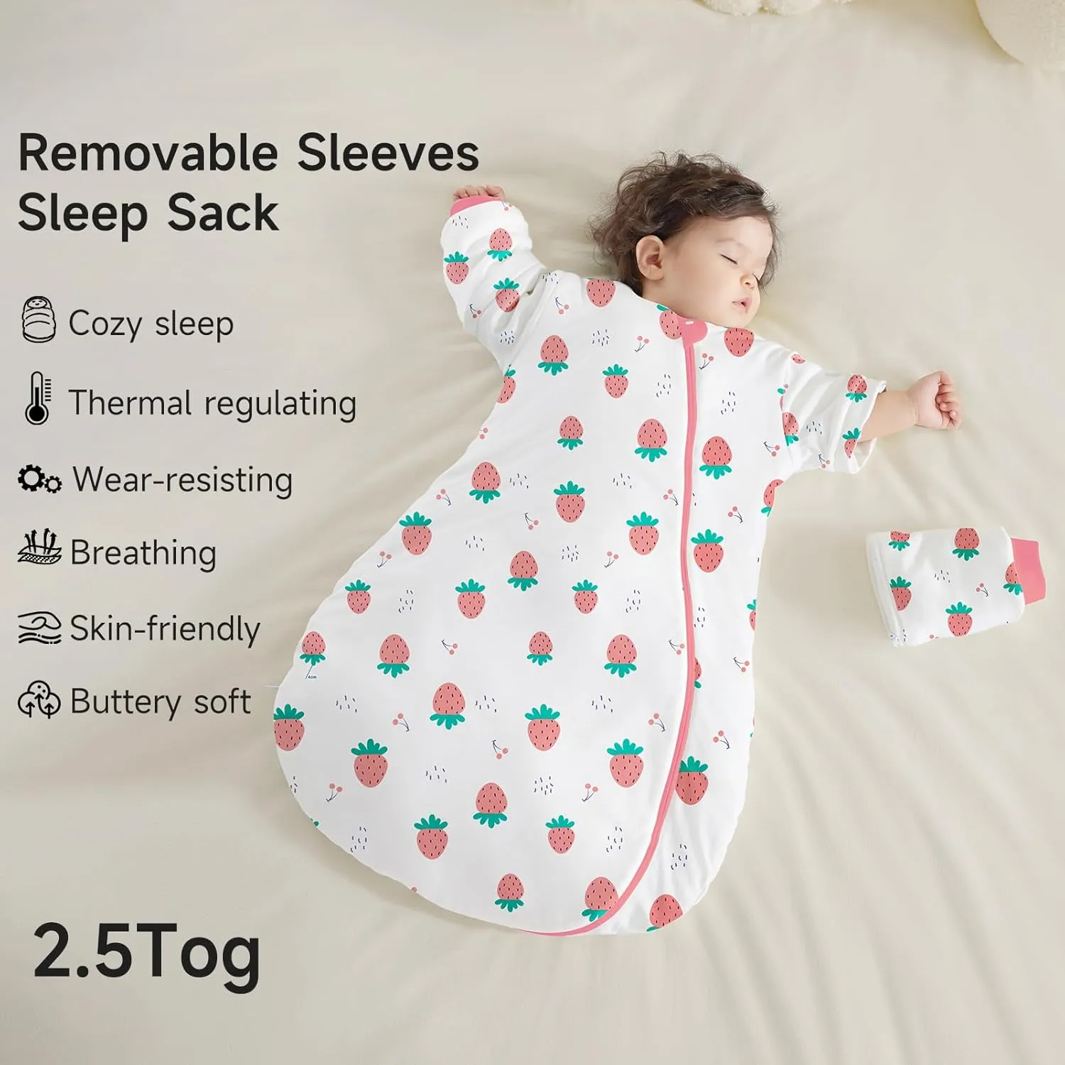 Baby Sleep Sack 12-24 Months - 1.0 TOG Wearable Blanket with Removable Sleeves, Soft Breathable Infant Sleeping Bag for Toddler, Two-Way Zipper for Easy Diaper Change (Strawberry)