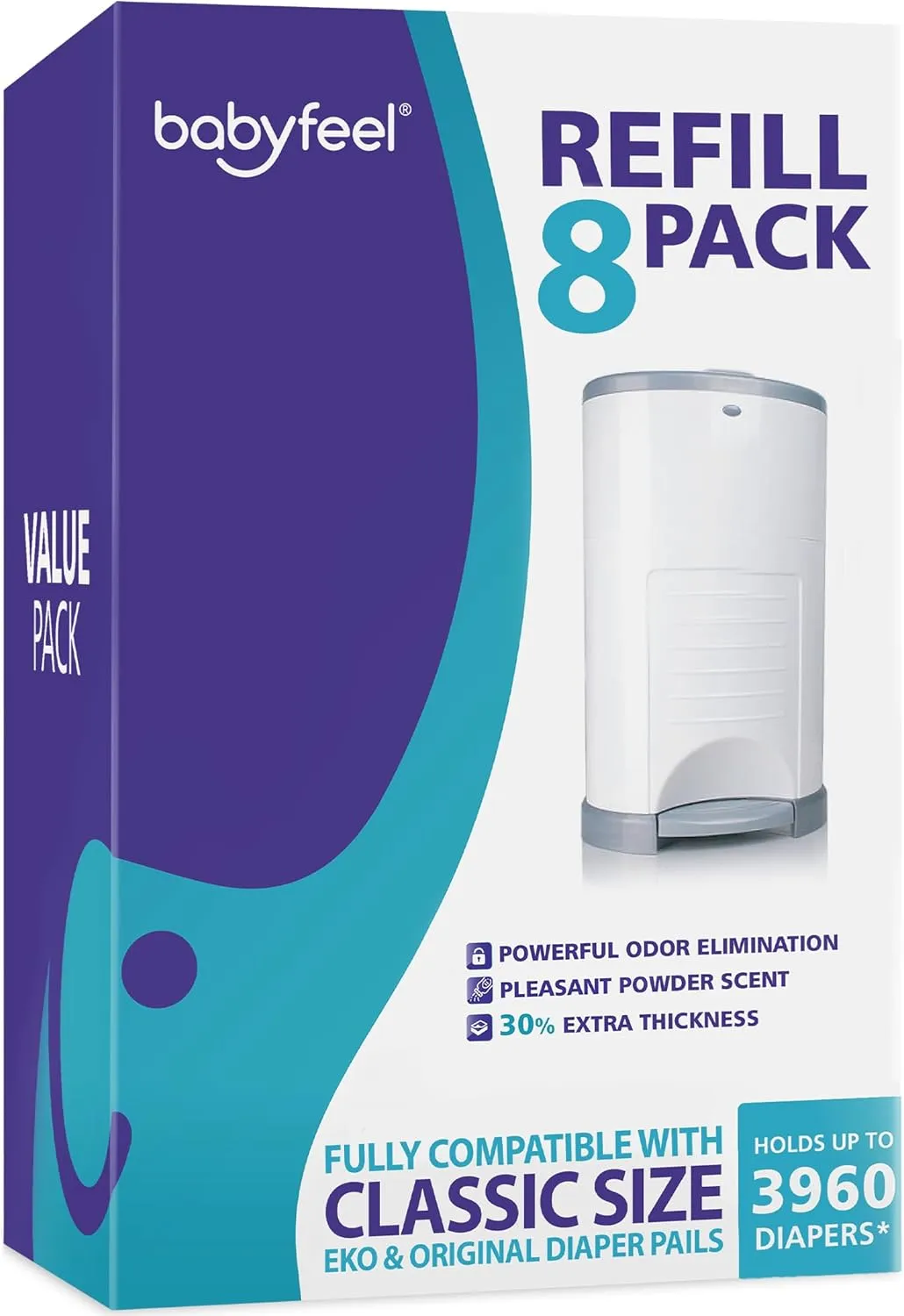 Babyfeel Refills Compatible with DEKOR CLASSIC Diaper Pails | 8 Pack | Exclusive 30% Extra Thickness | Diaper Pail Refills with Powerful Odor Elimination | Powder Scent | Holds up to 3960 Diapers