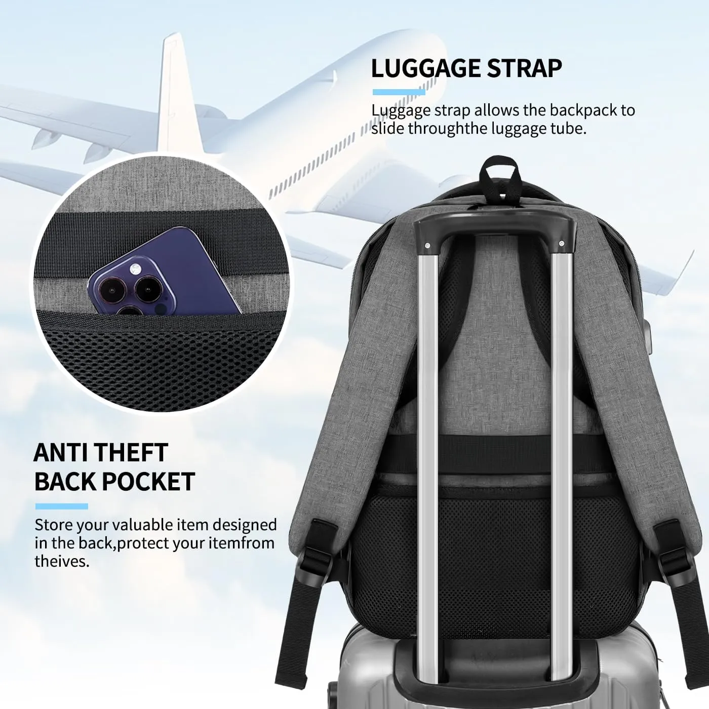 Backpack for Men Women, Travel School Backpacks for Teen Boys, Bookbag with USB Charging Port, Anti Theft College Students Backpack Fits 15.6 Inch Laptop, Casual Work Business Back Pack, Grey