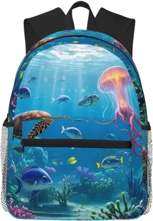 Backpack for Women Men 15.7 in, Lightweight Travel Backpack Waterproof Casual Daypack Laptop Computer Backpacks Carry On Bag Purse for Travel Business Hiking Work, Turtle Jellyfish Fish Coral