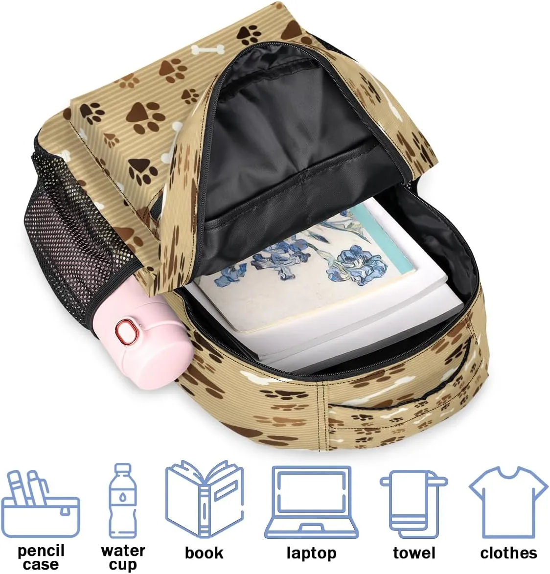 Backpack for Women Men, Pawprint Animal Paw Casual Backpacks, Waterproof Lightweight Footprint with Bones Daypack Bags for Travel Camping Work