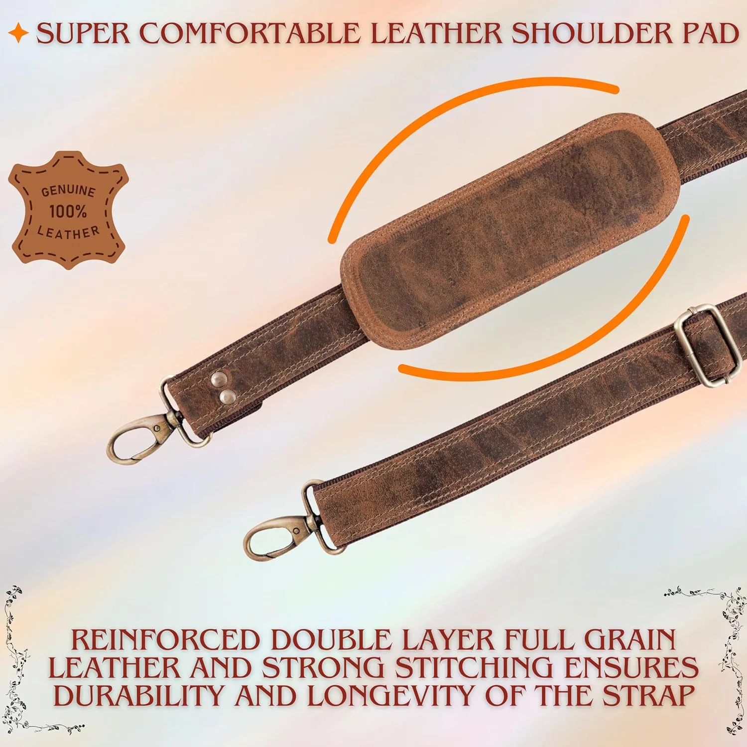Bag Strap Replacement - Genuine Leather Adjustable Shoulder Strap for Messenger, Laptop, Camera, Travel Bags