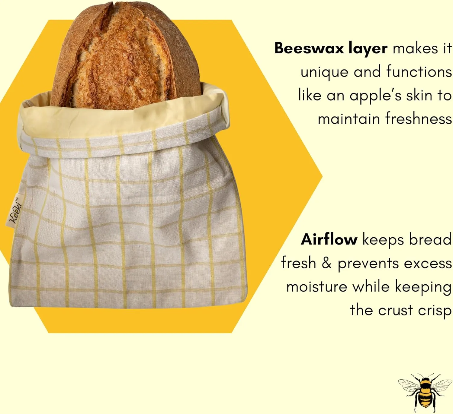 Bag - The Original Beeswax Lined Bread Bag for Homemade & Sourdough | Reusable Linen Bread Storage | Beeswax Wrap Alternative | Plastic-Free Storage w/Wide Opening & Drawstring Closure - Yellow