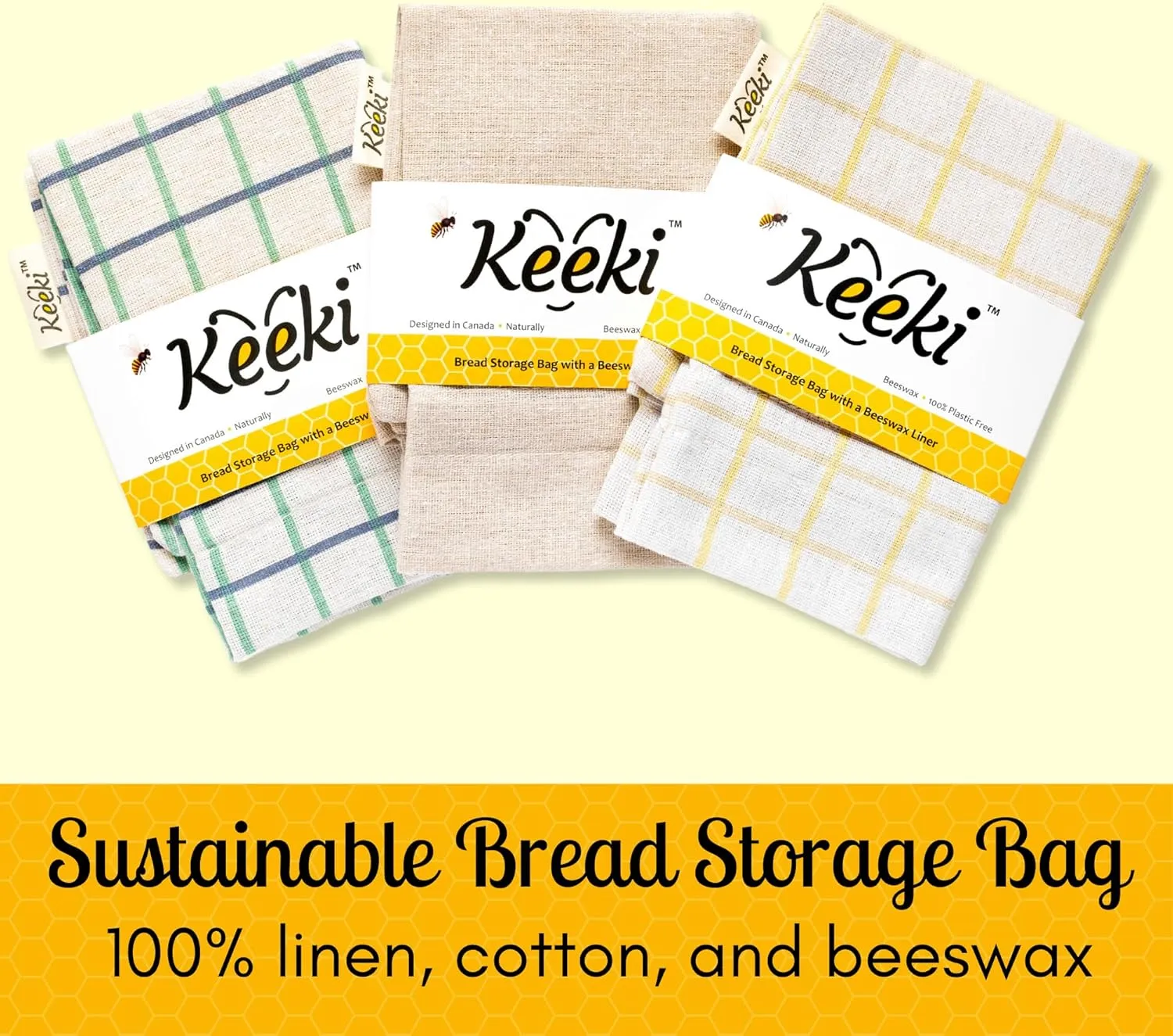 Bag - The Original Beeswax Lined Bread Bag for Homemade & Sourdough | Reusable Linen Bread Storage | Beeswax Wrap Alternative | Plastic-Free Storage w/Wide Opening & Drawstring Closure - Yellow