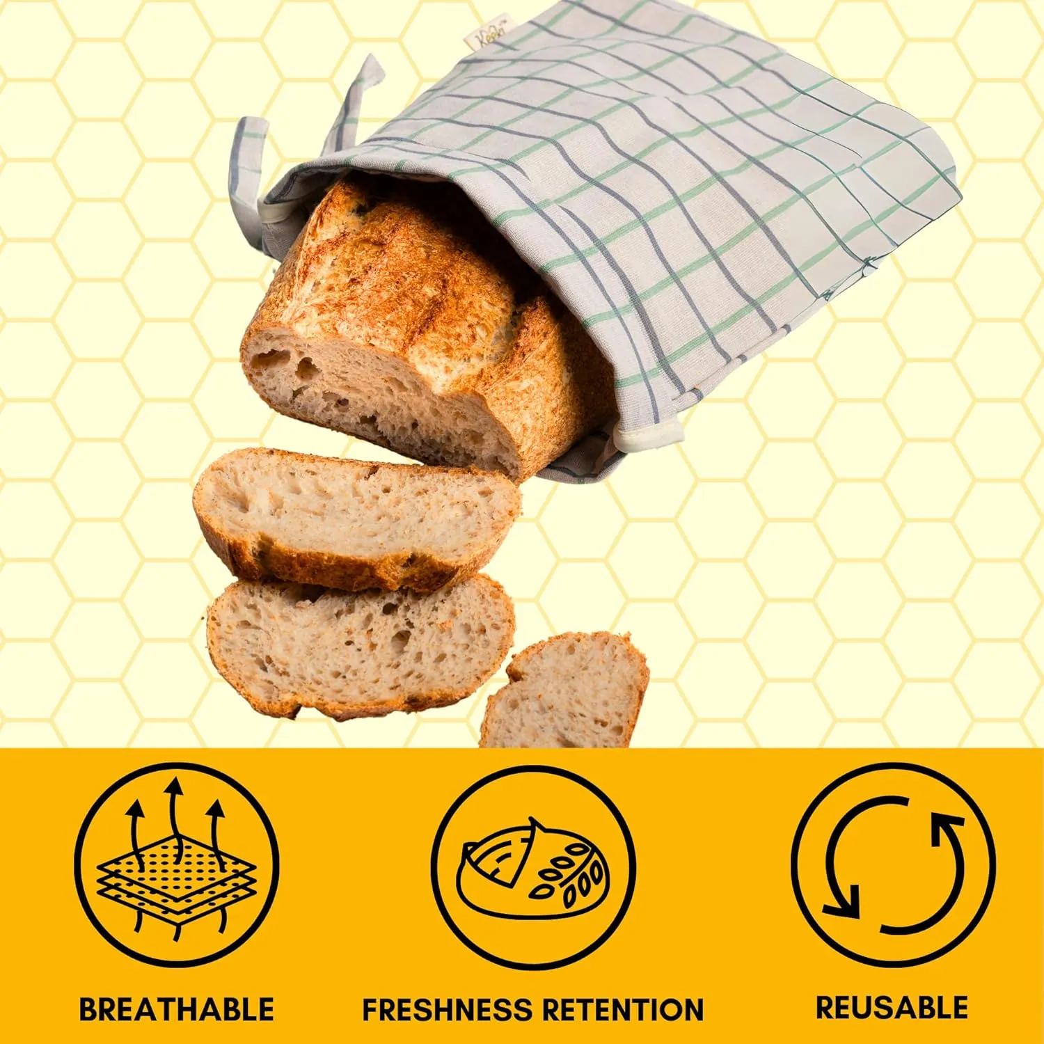 Bag - The Original Beeswax Lined Bread Bag for Homemade & Sourdough | Reusable Linen Bread Storage | Beeswax Wrap Alternative | Plastic-Free Storage w/Wide Opening & Drawstring Closure - Yellow