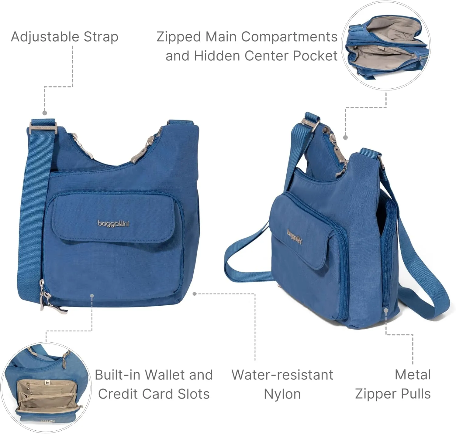 Baggallini Criss Cross 10x11 Crossbody Women Lightweight Water-Resistant Nylon Travel Bag W/RFID & Quick Access Pockets