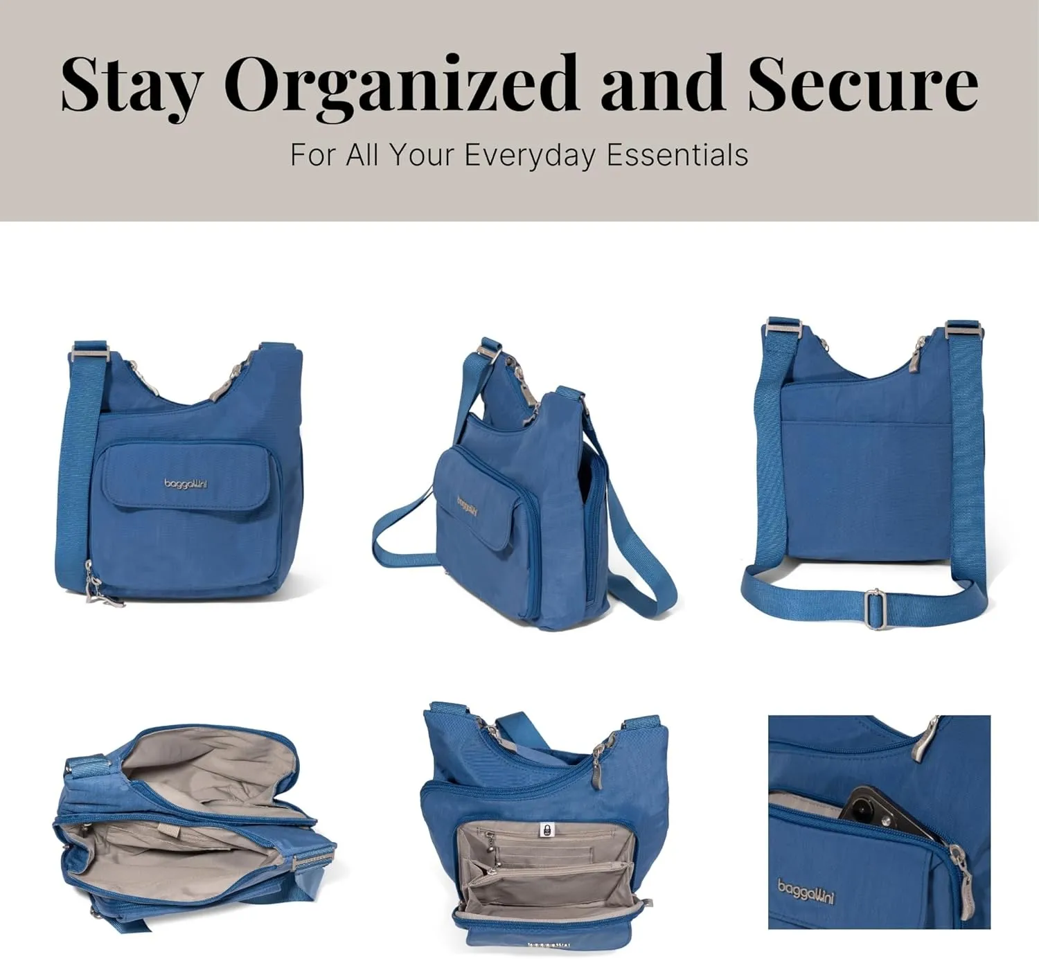 Baggallini Criss Cross 10x11 Crossbody Women Lightweight Water-Resistant Nylon Travel Bag W/RFID & Quick Access Pockets