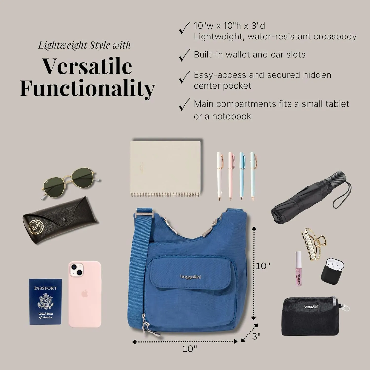 Baggallini Criss Cross 10x11 Crossbody Women Lightweight Water-Resistant Nylon Travel Bag W/RFID & Quick Access Pockets