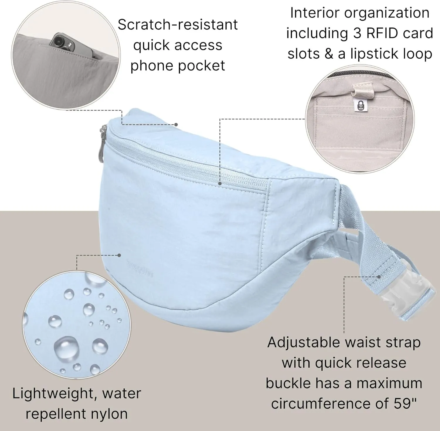 Baggallini Style Swift Belt Bag Sling Bag - Lightweight 12"x7" Crossbody Bag Fanny Pack Belt w/RFID and Adjustable Strap