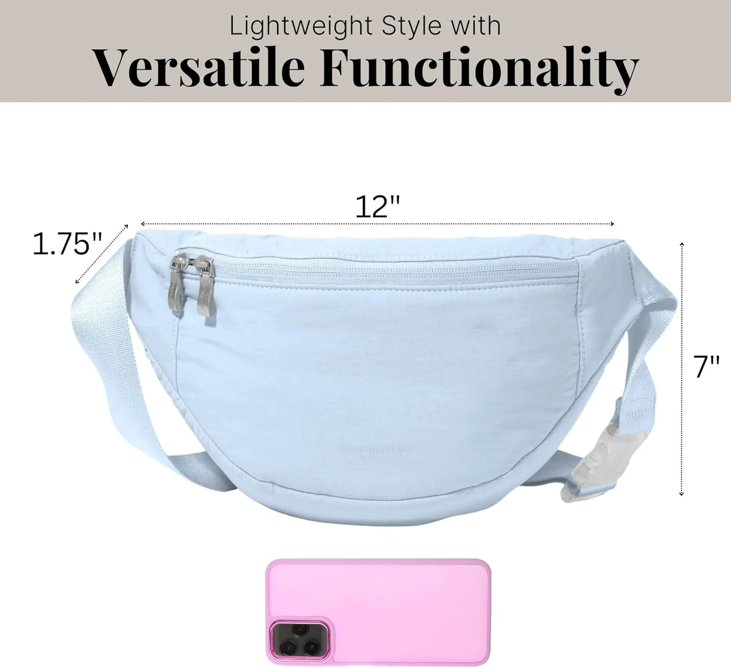 Baggallini Style Swift Belt Bag Sling Bag - Lightweight 12"x7" Crossbody Bag Fanny Pack Belt w/RFID and Adjustable Strap