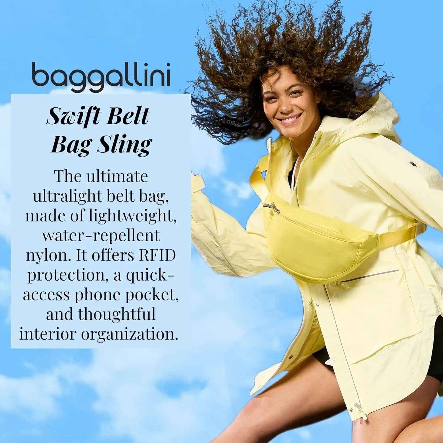 Baggallini Style Swift Belt Bag Sling Bag - Lightweight 12"x7" Crossbody Bag Fanny Pack Belt w/RFID and Adjustable Strap
