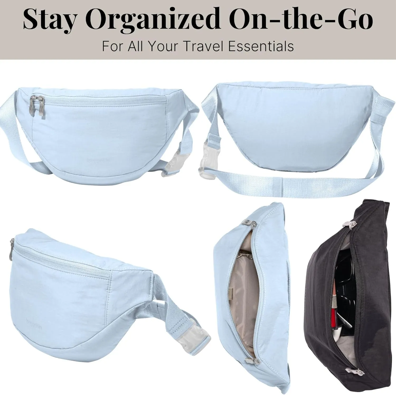 Baggallini Style Swift Belt Bag Sling Bag - Lightweight 12"x7" Crossbody Bag Fanny Pack Belt w/RFID and Adjustable Strap
