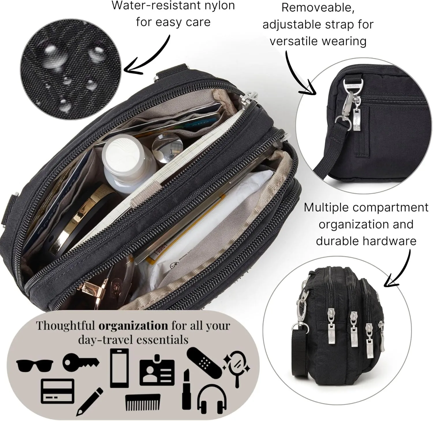 Baggallini Triple Zip Small Crossbody Bag for Women