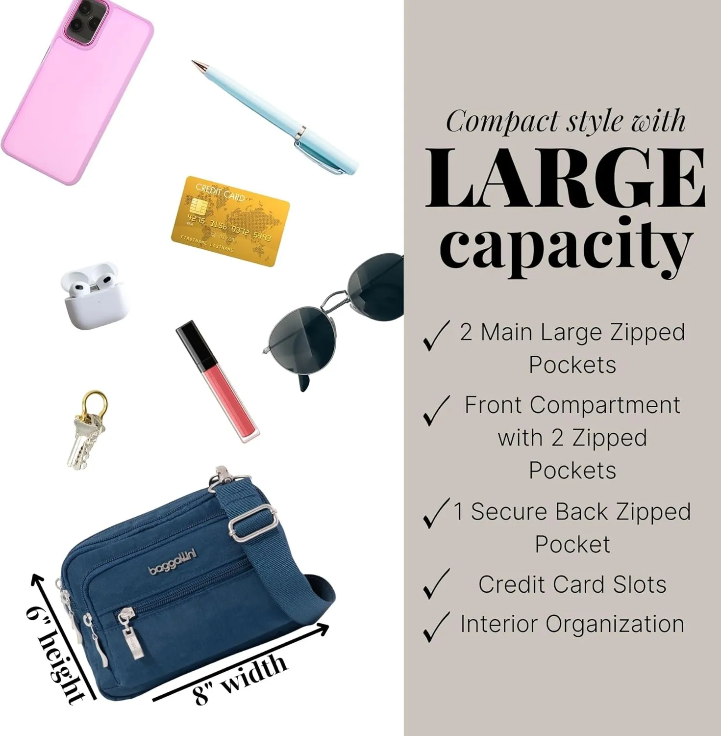 Baggallini Triple Zip Small Crossbody Bag for Women