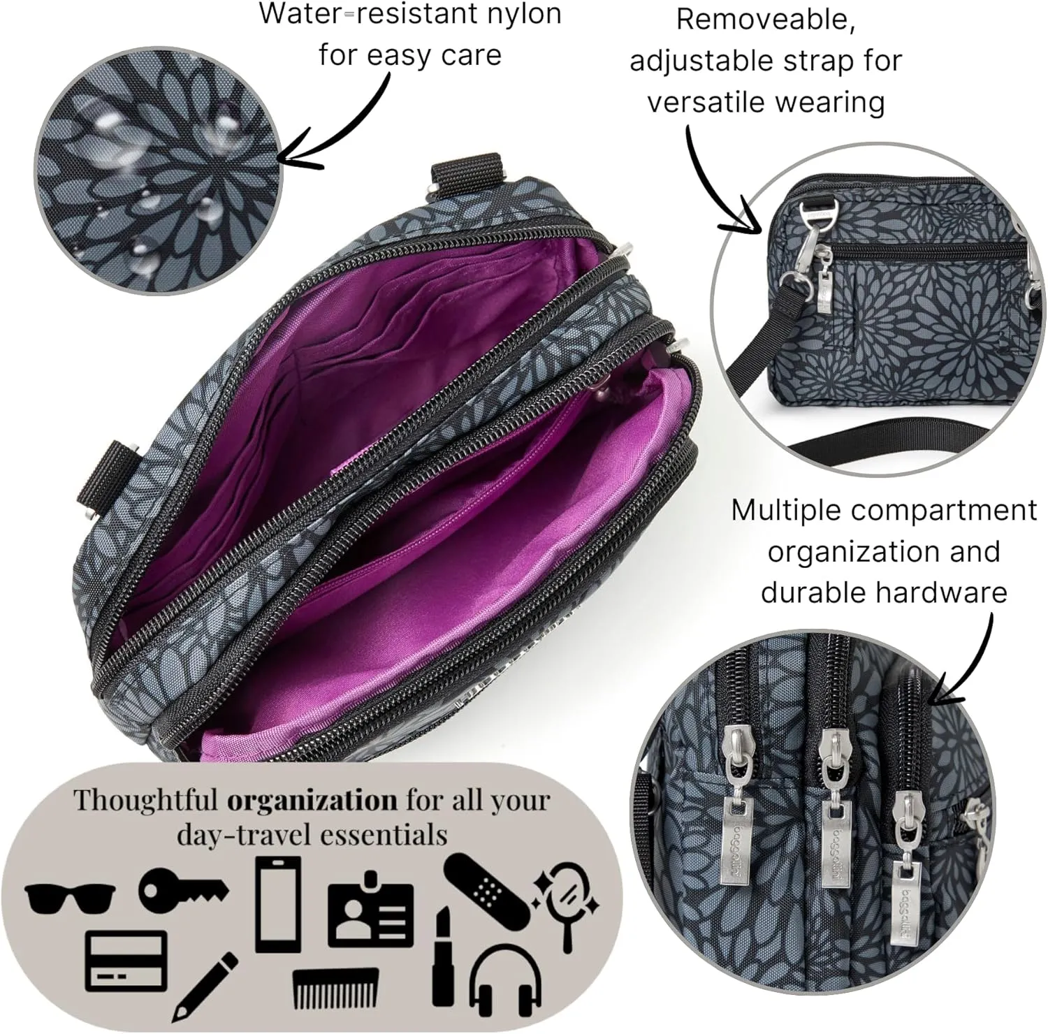 Baggallini Triple Zip Small Crossbody Bag
