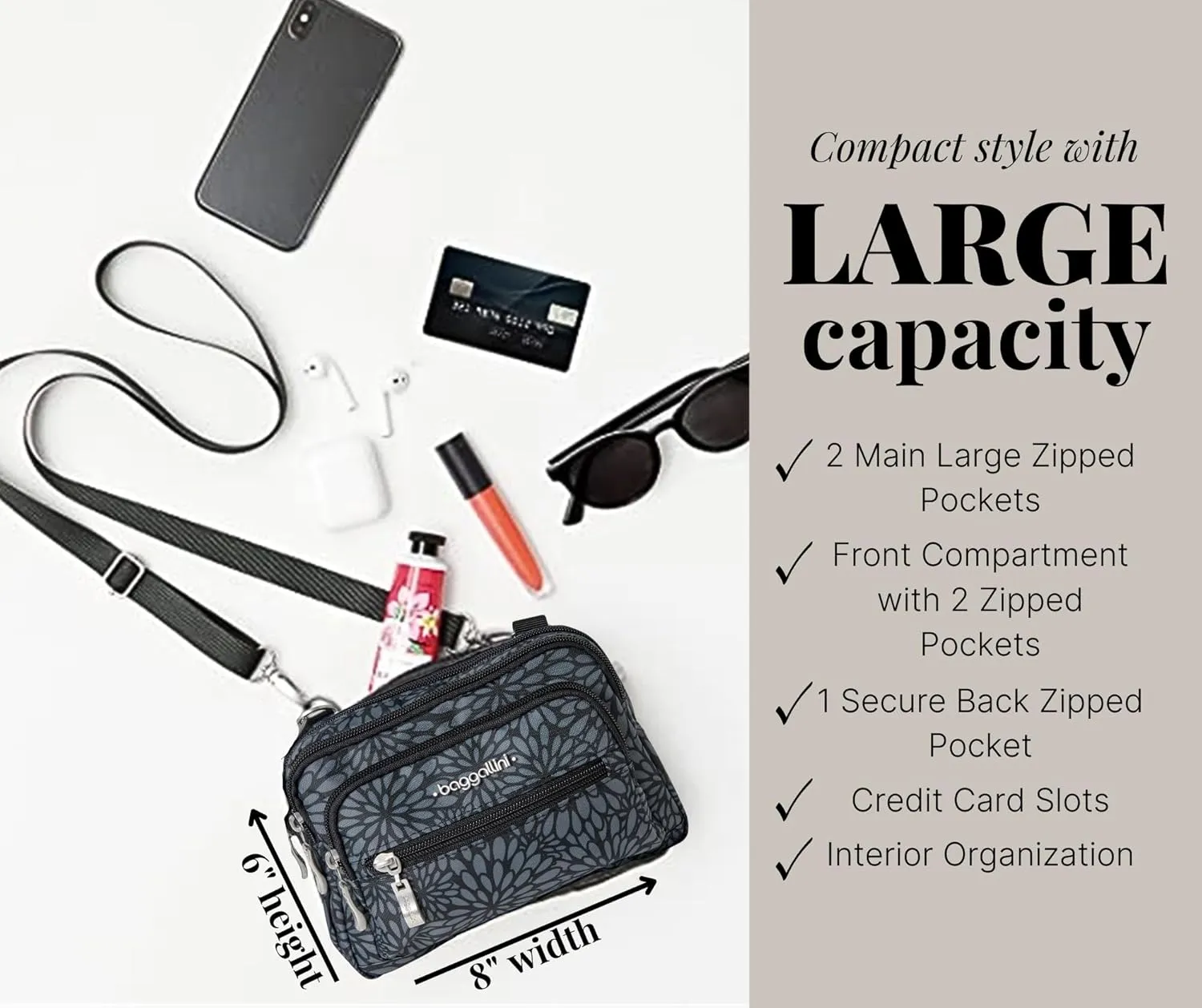 Baggallini Triple Zip Small Crossbody Bag